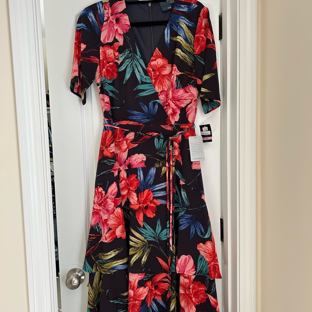 Colorful floral wrap dress with ruffle skirt